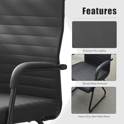 Okeysen Office Guest Chairs Set of 2, Modern Leather Reception Chairs with Mid Back & Sled Base, No-Wheel Desk Chairs for Waiting Room & Conference Room - color: Black Leather/Black Frame, size: Set of 2