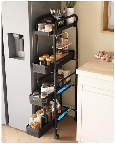 UMDONX 4-Tier Narrow Mobile Storage Cart with Pull-Out Baskets - color: Black, size: 4 Tier