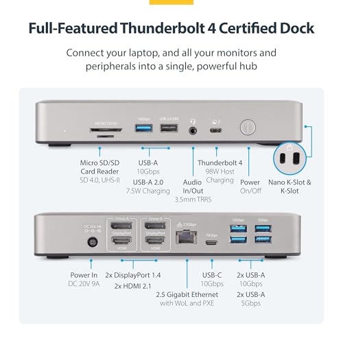 StarTech Thunderbolt 4 Dock, Quad 4K Win, Dual 4K Mac, 16-Port 40Gbps, 100W | Driverless USB4 and Thunderbolt, Up to four 4K 60Hz on Windows, Dual 4K 60Hz on M3/M4/M5 MacBooks, Intel/AMD/Snapdragon