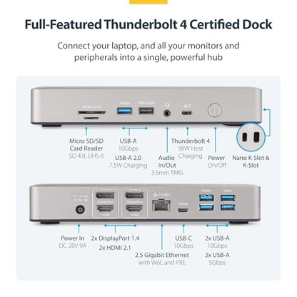 StarTech Thunderbolt 4 Dock, Quad 4K Win, Dual 4K Mac, 16-Port 40Gbps, 100W | Driverless USB4 and Thunderbolt, Up to four 4K 60Hz on Windows, Dual 4K 60Hz on M3/M4/M5 MacBooks, Intel/AMD/Snapdragon