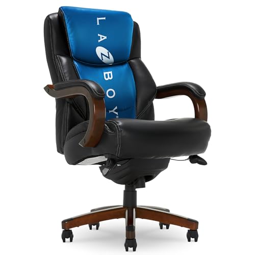 La-Z-Boy Delano Big and Tall Executive Office Chair - Ergonomic Lumbar Support Memory Foam - Bonded Leather Desk Chair for Home Office - Mahogany Wood Arms - Black - color: Black With Mahogany Wood Finish