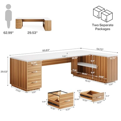 Tribesigns 86" Modern L-Shaped Executive Desk,(White & Brown) | Extra Large Office Desk with File Drawers, Business Desk Workstation with Door Cabinet, Shelves for Home Office
