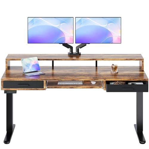 HUANUO 63″ x 26″ Electric Standing Desk with 2 Drawers &24.4″ Large Keyboard Tray, C-Clamp Mount Compatible, Adjustable Computer Desk for Office, Sit Stand Up Desk with 4 Height Presets, Vintage Brown - color: Vintage Brown, size: 63*26 inch