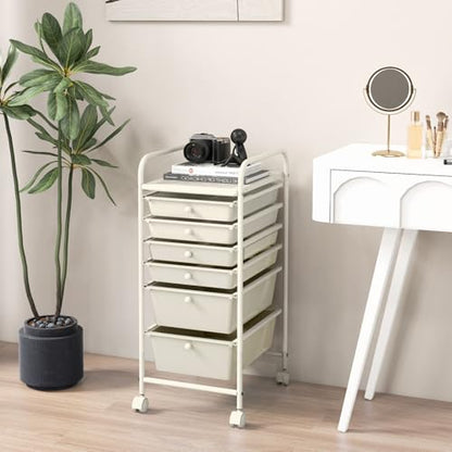 6-Tier Rolling Cart with Drawers, Storage Cart with Universal Wheel & Metal Frame, Multipurpose Mobile Trolley Utility Cart for Small Space Makeup School Office Play Room(White)