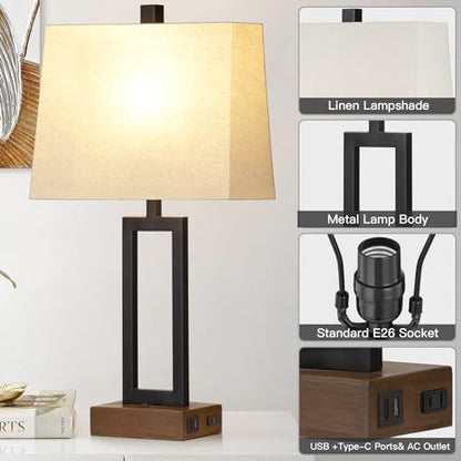 Lolikit Table Lamp for Bedroom Set of 2 with 2 USB Ports and AC Power Outlet, 23.5" Modern Bedside Lamp, Wood Nightstand Lamp with Linen Shade for Living Room Hotel Desk(LED Bulb Included) - color: Black