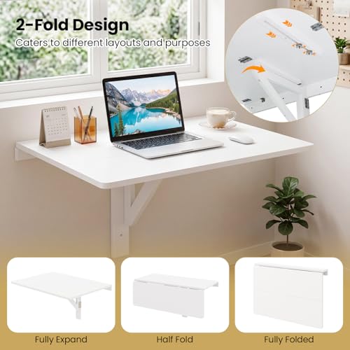 GIANTEX Wall-Mounted Folding Desk, Wooden Floating Laptop Table with Drop Leaf Design, Space-Saving Foldable Wall Desk for Study, Bedroom, Living Room, Laundry (White) - color: White
