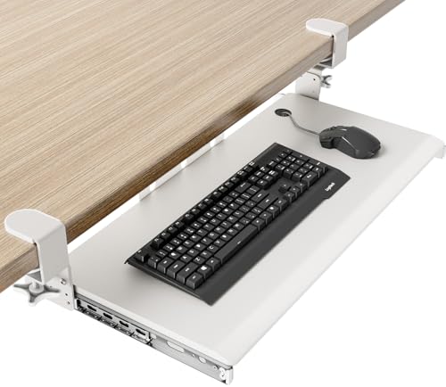 Keyboard Tray Under Desk Pull Out with Extra Sturdy C Clamp Mount System, 27.3 (32.5 inch Including Clamps) x 11 Inch Slide-Out Platform Computer Drawer for Typing White AX01WW01 - color: White, size: 32.5"x 11”Keyboard Tray
