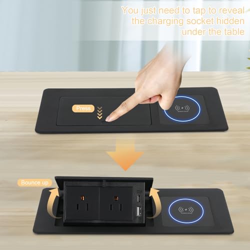 Table Pop Up Outlet Automatic Pop Up Strip Center Countertop Recessed Power Strip with 15W Wireless Charger + USB A + USB C + 2AC 5.9Ft Cord for Conference Desk Office Kitchen (Black-Wireless) - style: Black-Wireless