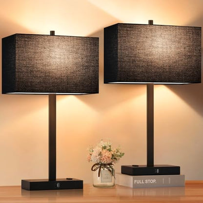 21" Touch Bedside lamps with 2 USB & AC Outlets, 3-Way Dimmable Bedside Table Lamps Set of 2 for Bedroom Living Room Office Reading, Black Shade Lamps for Night Stands, 2700K LED Bulbs Included - color: Black Linen & Matte Black
