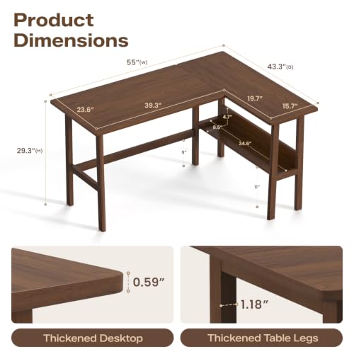 NELYE 55" Reversible L Shaped Desk with Shelf for Home Office, Walnut | Fits Corner Spaces, Trapezoid Oak Legs & Reinforced Corners Reduce Wobble, Holds 330 Lbs, Suitable for Working and Studying - color: Walnut, size: 55 inches