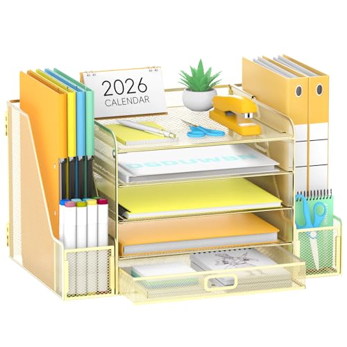 SUPEASY Mesh Desk Organizer with File Holder, 5-Tier Paper Letter Tray Organizer with Magazine Holder, Desktop Organizer and Storage with Drawer for Office Supplies Home or School (Golden) | Two side magazine holders and a bottom drawer store papers, fold