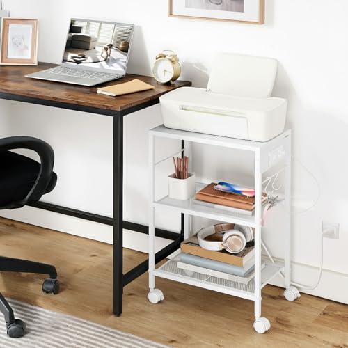 HOOBRO Industrial Printer Stand, 3-Tier Mobile Printer Table, Rolling Cart with Power Outlets and USB Ports, Home Printer Stand with 2 Hooks, for Office, Living Room, White WW22UPS01 - color: White
