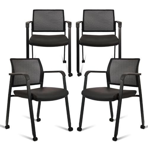 CLATINA Stacking Office Chair with Wheels, Mesh Back Waiting Room Guest Chairs with Arms Comfortable Leather Cushion Stackable Desk Chair for Conference Reception School Side Stationary, Black, 4PK - color: Withwheels Black Leather, size: 4 pack