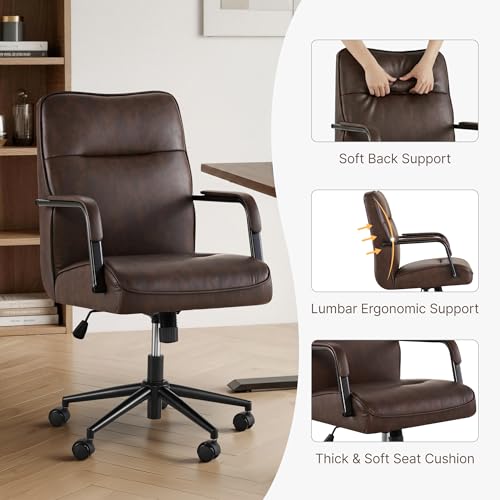 KISLOT Ergonomic Home Office Chair with Lumbar Support, Adjustable Swivel Modern Desk Chair with Wheels, Faux Leather Computer Chair with Padded Arms, Comfy Executive Office Chair, 2 PCS, Espresso - color: Espresso, size: Set of 2