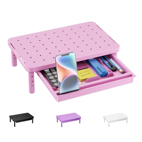WALI Computer Monitor Stand with Storage, Monitor Riser 3 Height Adjustable | Laptop Riser with Airflow Vents, Desk Organizer for Computer, Printer, Notebook (PTT002-P), 1 Pack, Pink - color: Pink, size: 14.6"L * 9.3"W,11" 1 Drawer