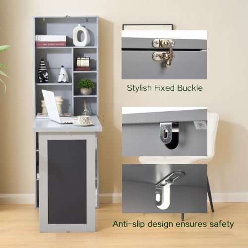 Wall Mount Foldable Writing Desk for Bedroom & Home Office (Grey) | Wall Desk, Wall Mount Foldable Desk with Bookshelf & Chalkboard, Space Saving Fold Down Floating Workstation - color: Grey