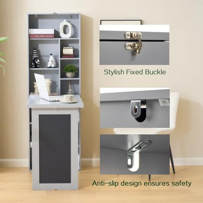 Wall Mount Foldable Writing Desk for Bedroom & Home Office (Grey) | Wall Desk, Wall Mount Foldable Desk with Bookshelf & Chalkboard, Space Saving Fold Down Floating Workstation - color: Grey