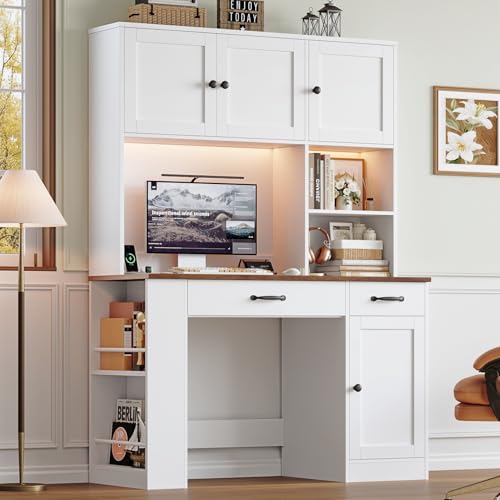 Keyluv 71" Tall Computer Desk with Hutch Cabinet, Home Office Desk with Storage Drawers Shelves and Side Rack, Wood Executive Desk with Doors, Outlet Station and Smart LED Lights, White - color: White