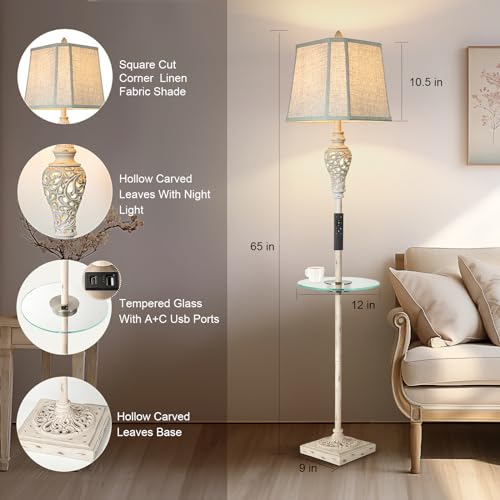 LuxSight Collection Rustic Floor Lamp, Living Room Lamps with Glass Tray, stepless diming Floor Lamp with Remote Control and USB A&C Charging Ports for Living Room Bedroom Office Smart Bulbs Included | Glass Tray, USB A+C Charging Ports, LED Smart Bulbs I