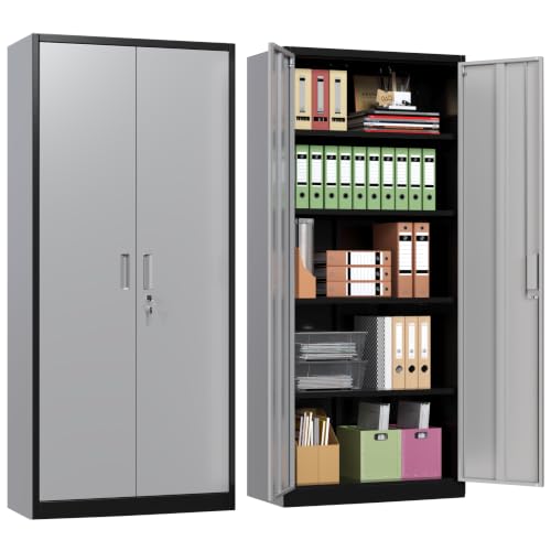 71" H Metal Garage Storage Cabinet,Lockable Steel Storage Cabinet with 4 Adjustable Shelves,Assembly Required, Warehouse,Office,Home, Black&Gray - color: Black/Gray, size: 15.75" × 31.50" W × 70.87" H.