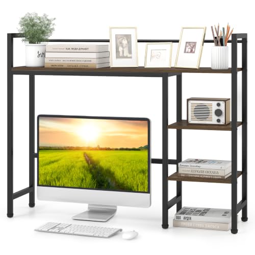 Tangkula 4-Tier Desktop Bookshelf, 38.5" Dorm Desk Hutch, Rustic Brown | Tabletop Hutch for Computer Monitor, 4 Open Storage Shelves, Anti-tip Device, Desktop Display Shelves for Home Office - color: Rustic Brown, size: 38.5" x 10" x 31"