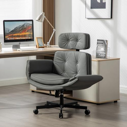 Criss Cross Chair with Wheels & Adjustable Armrests, High Back PU Leather Executive Desk Chair for Home Office, Comfy Cross Legged Wide Computer Task Chair, Gray - color: Grey