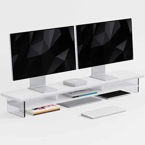 FENSULN Dual‑Tier Monitor Stand for Modern Desk Setup – Minimalist Wooden and Metal Riser Shelf with Transparent Acrylic Feet for Dual Monitors, Laptops, Home Office Aesthetic，White