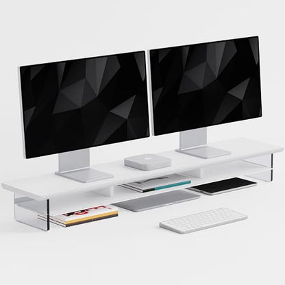 FENSULN Dual‑Tier Monitor Stand for Modern Desk Setup – Minimalist Wooden and Metal Riser Shelf with Transparent Acrylic Feet for Dual Monitors, Laptops, Home Office Aesthetic，White