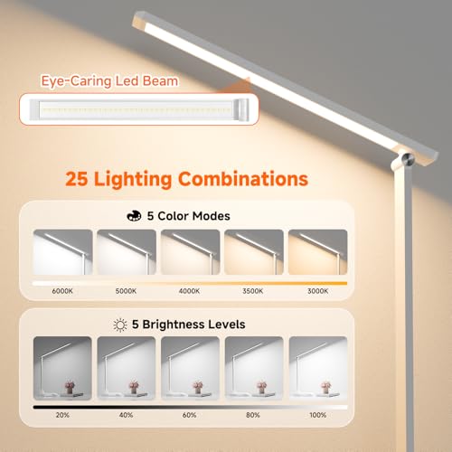 ShineTech LED Desk Lamp for Home Office,Foldable Reading Lamp with Adapter | 25 Lighting Modes and Dimmable, Touch Control, Eye-Caring LED Light for Bedroom Nighstand with Small Night Light, White - color: White