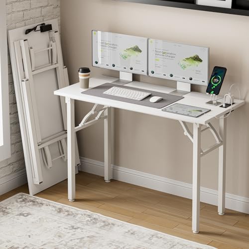 Small Folding Computer Desk – 43.3 Inch Portable Table for Craft and Study, Lightweight Desk for Small Spaces, Foldable Laptop Table Built-in AC/USB Outlets for Convenience, White Ash - color: White Ash, size: 43.3 x 19.7 Inch, style: With Power Outlets