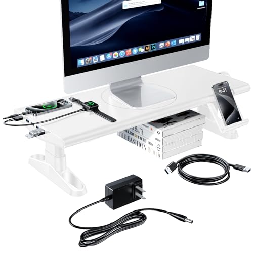 Computer Monitor Stand Riser for Desk with Usb Hub Charging,30W/5Gbps Usb C Docking Station with Power,4.4-5.7'' Height Adjustable with Phone Holder,Monitor Stands Riser for PC,Laptop,Printer(White) - color: White, size: HUB