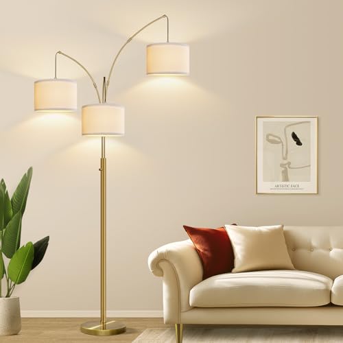Dimmable Floor Lamp, 3 Lights Brass Arc Floor Lamp, Modern Tall Standing Tree Lamp with Beige Linen Shades & Heavy Base, 3000LM LED Bulbs, Bright Lighting for Living Room, Bedroom, Office & Reading - color: Brass-White Shade