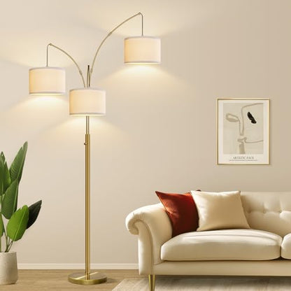 Dimmable Floor Lamp, 3 Lights Brass Arc Floor Lamp, Modern Tall Standing Tree Lamp with Beige Linen Shades & Heavy Base, 3000LM LED Bulbs, Bright Lighting for Living Room, Bedroom, Office & Reading - color: Brass-White Shade