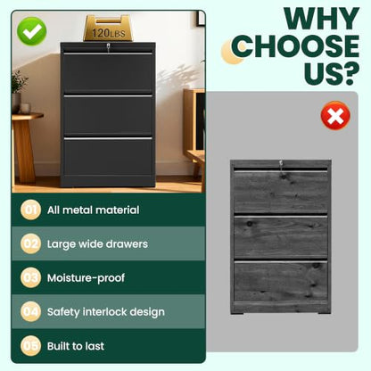 3 Drawer Lateral File Cabinet with Lock, File Cabinet for Home Office,Black | Heavy-Duty Steel Locking File Cabinet, Hanging Letter/Legal/A4 Size, Full-Extension Silent Drawer, Un-Assembly - color: Black, size: 3 Drawers