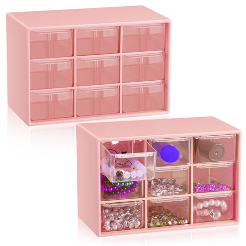 Wenqik 2 Pcs Mini Storage Drawers with 9 Clear Drawers,Pink - color: Pink