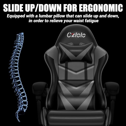 Czlolo Gaming Chair with Footrest Racing Style Lumbar Support Massager Video Game Chair with Metal Legs, High Back Reclining Gamer Chair with Headrest, 360° Swivel Office Computer Desk Chair (Gray) - color: Grey