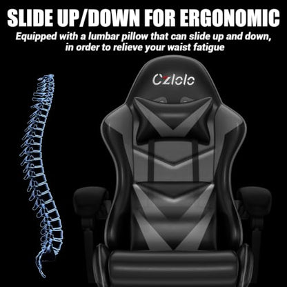 Czlolo Gaming Chair with Footrest Racing Style Lumbar Support Massager Video Game Chair with Metal Legs, High Back Reclining Gamer Chair with Headrest, 360° Swivel Office Computer Desk Chair (Gray) - color: Grey
