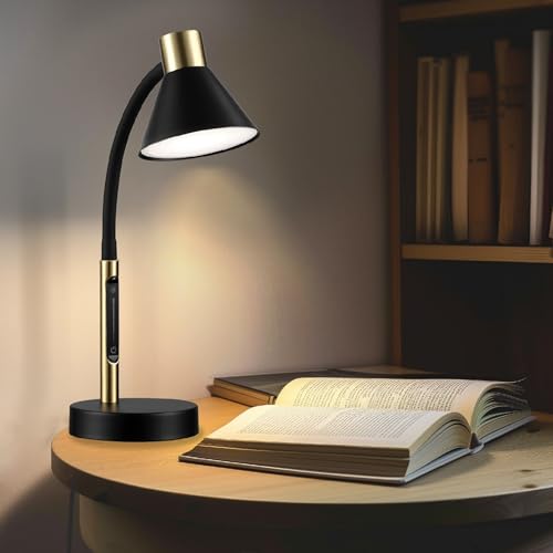 Globe Electric 62000034 15" LED Integrated Desk Lamp, Matte Black, Brass Accent, Adjustable Gooseneck, Dimmable, 3 Color Temperature, 7.5W, 90 CRI, 400 Lumens, Reading Light, Dorm Room Essentials - color: Matte Black, Albert