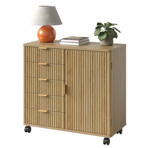 Bestier Office Storage Cabinet with 5 Drawer Adjustable Shelf, Oak - color: Oak