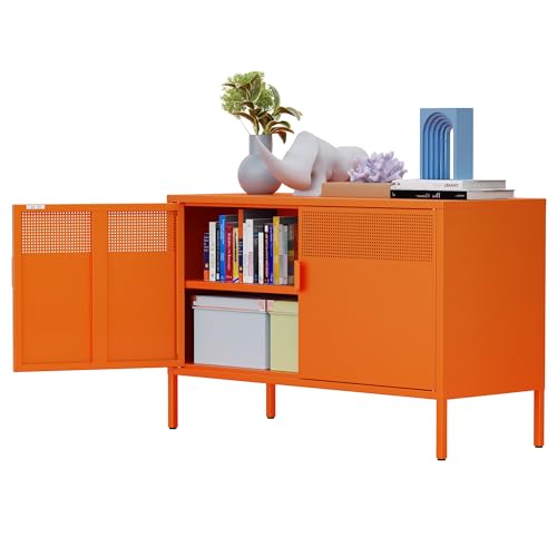 Ustamio Orange Wide Metal Locker Storage Cabinet, 2 Door Metal Accent Cabinet for Home and Office, 2 Tier Low Metal Cabinet with Doors and Shelf, Multipurpose Metal Tv Stand Cabinet - color: Orange, size: 25.2"H-Metal Doors