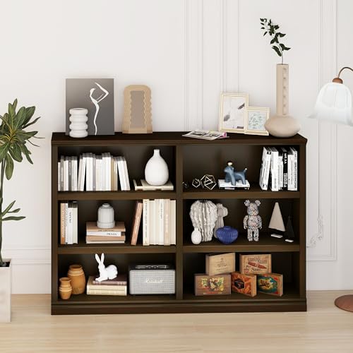 blini Bookshelf Double Wide 64 in 3-Tier 6 Cube Storage Organizer Wooden Bookcase for Bedroom and Home Office Decor Display - color: Cherry Wood, size: 3-shelf