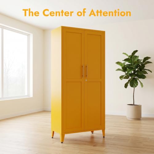 61" H Yellow Metal Storage Armoire Cabinet, Lockable Steel Cabinet, 2-Door Tall Locker with 3 Adjustable Shelves, Freestanding Steel Utility Cabinet for Bedroom, Office, Living Room - color: Yellow, style: 61"H-Cabinet-YX