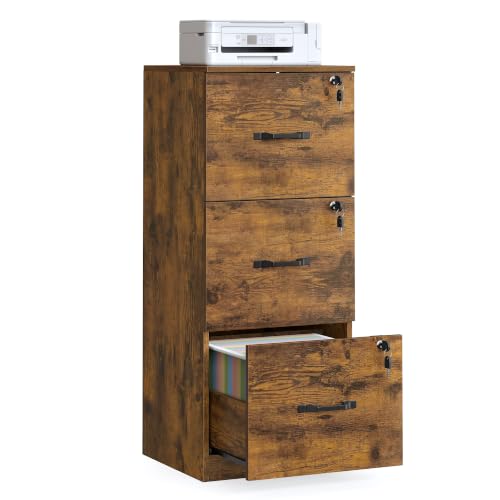 VASAGLE 3 Drawer File Cabinet with Locks, for A4, Letter Sized Documents - color: Rustic Brown, size: 3 Drawers