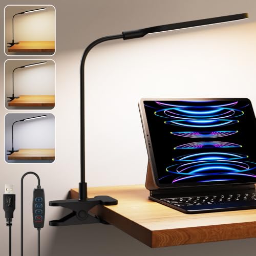 LED Clip on Light, 3 Color Modes & 10 Brightness Levels, 360° Flexible Gooseneck Clamp Lamp, Ultra Wide Brightness Range, USB Eye-Caring Table Light for Home Office/Reading/Painting, Black - style: Desk Lamp