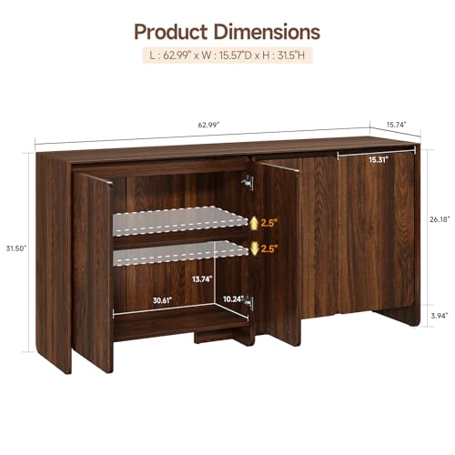 63" Sideboard Buffet Cabinet with Storage, Buffet Sideboard Cabinet with 4 Doors & Adjustable Shelves, Modern Coffee Bar Console Table for Living Room, Kitchen, Entryway - color: Walnut