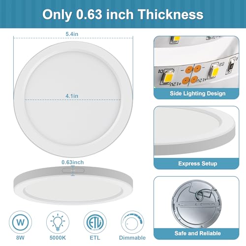 ETL Certified 5 inch Flush Mount Ceiling Light Dimmable,5000K White LED Ceiling Light Ultra Thin Round Flat Panel Ceiling Lights for Bedroom, Bathroom,Kitchen, Hallway,Basement,Closet, 3 Pack - color: 3 Pack White, size: 5 inch