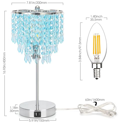 Touch Control Crystal Table Lamp, 3-Way Dimmable Lamp with USB A+C Ports - color: Light Teal
