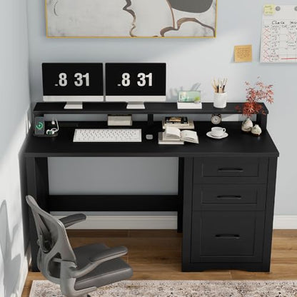Vabches 47" Farmhouse Executive Desk with 3 Drawers,LED Lights,Pure Black - color: Pure Black, size: 3 Drawers & Monitor Stand
