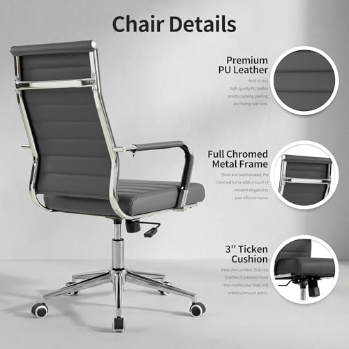 Okeysen Grey Office Desk Chair, Ergonomic Leather Modern Conference Room Chairs, Executive Ribbed Height Adjustable Swivel Rolling Chair for Home Office. - color: Grey