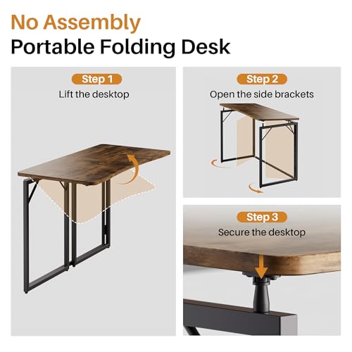 JOYMOOP 40" Rustic Brown Folding Desk No Assembly, Wooden Top, Middle Size - color: Rustic Brown, size: 40" Width